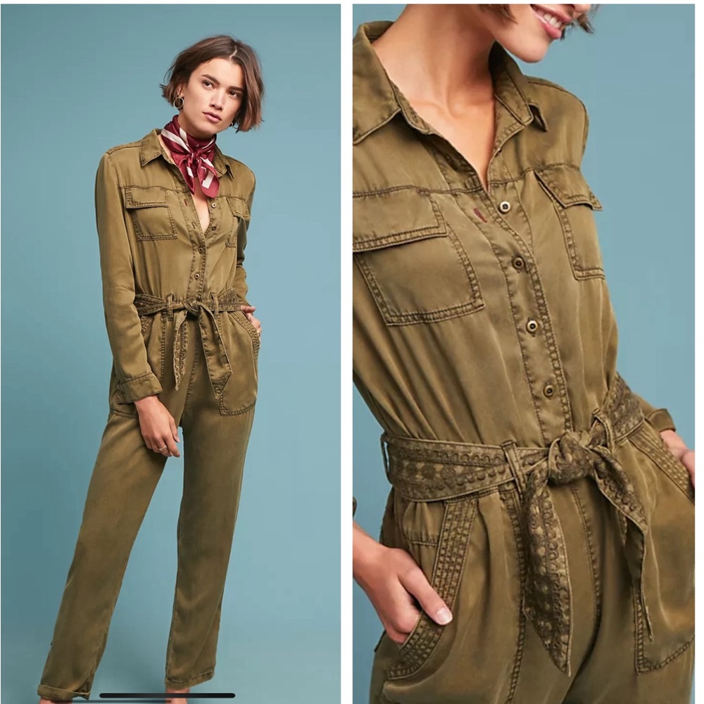 Anthropologie Jane Utility Jumpsuit Army Strait Leg with Belt Green Lyocell XL